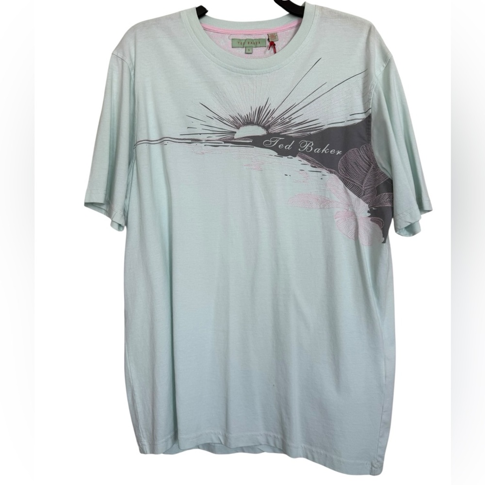 Ted Baker Men's Light Mint Graphic Crewneck T-Shirt Sz 5(XL) Embroidered
